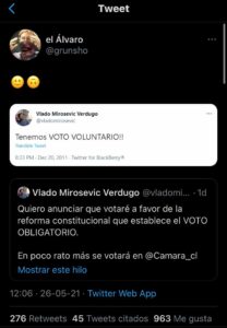 Tweet que cuestiona el cambio del diputado Vlado Mirosevic